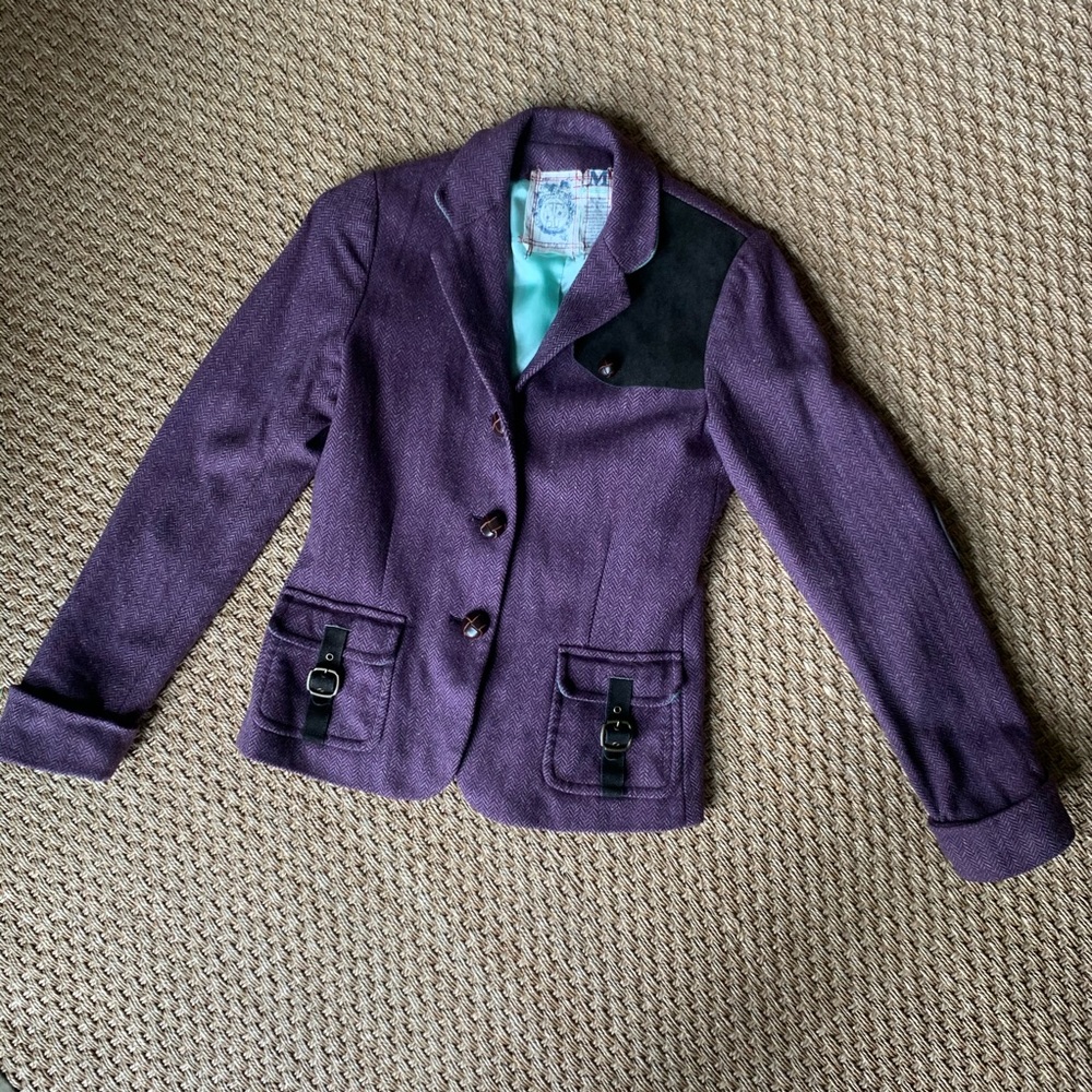 Trovata Purple and Mint Wool Elbow Patch Blazer - Picture 1 of 8